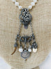 vintage chatelaine, english sterling, has a vintage 1/2 german deutsche mark and a tiger tooth hanging from it