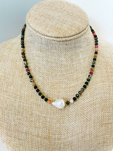 white akoya pearl and watermelon tourmaline necklace