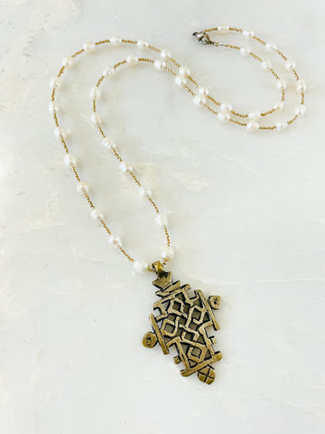freshwater pearls and vintage ethiopian cross necklace