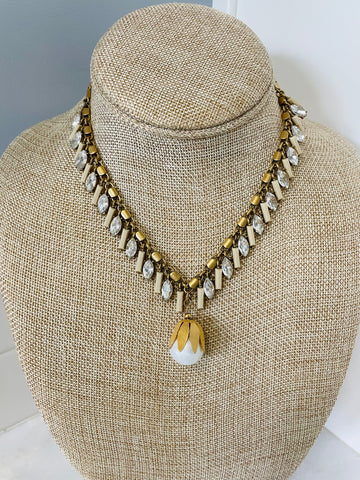 vintage brass, rhinestone and reconstituted beige marble with pearl drop necklace