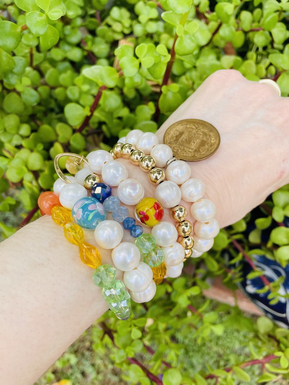 Coin, colorful, pearl bracelets