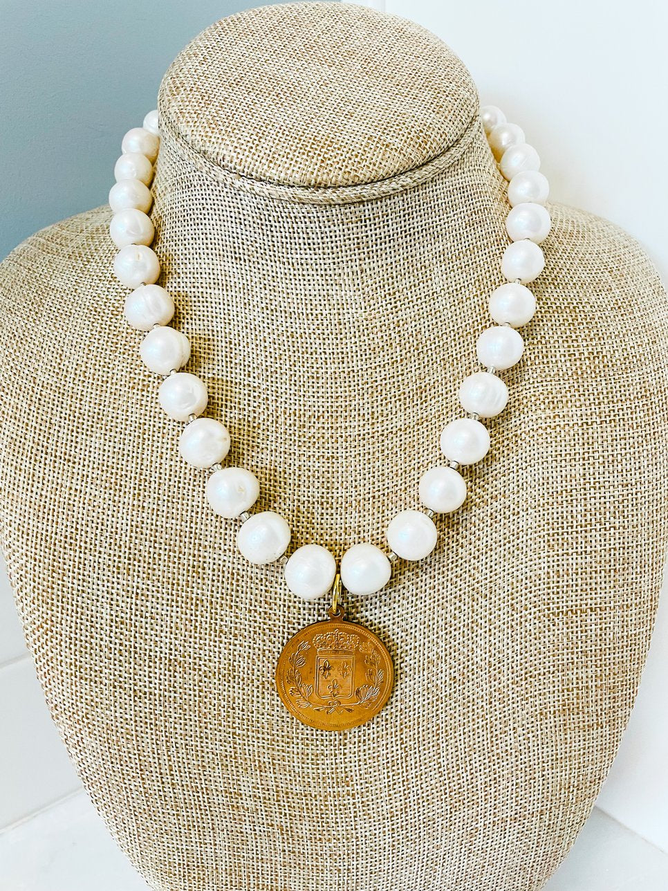 French coin pendant and freshwater pearls